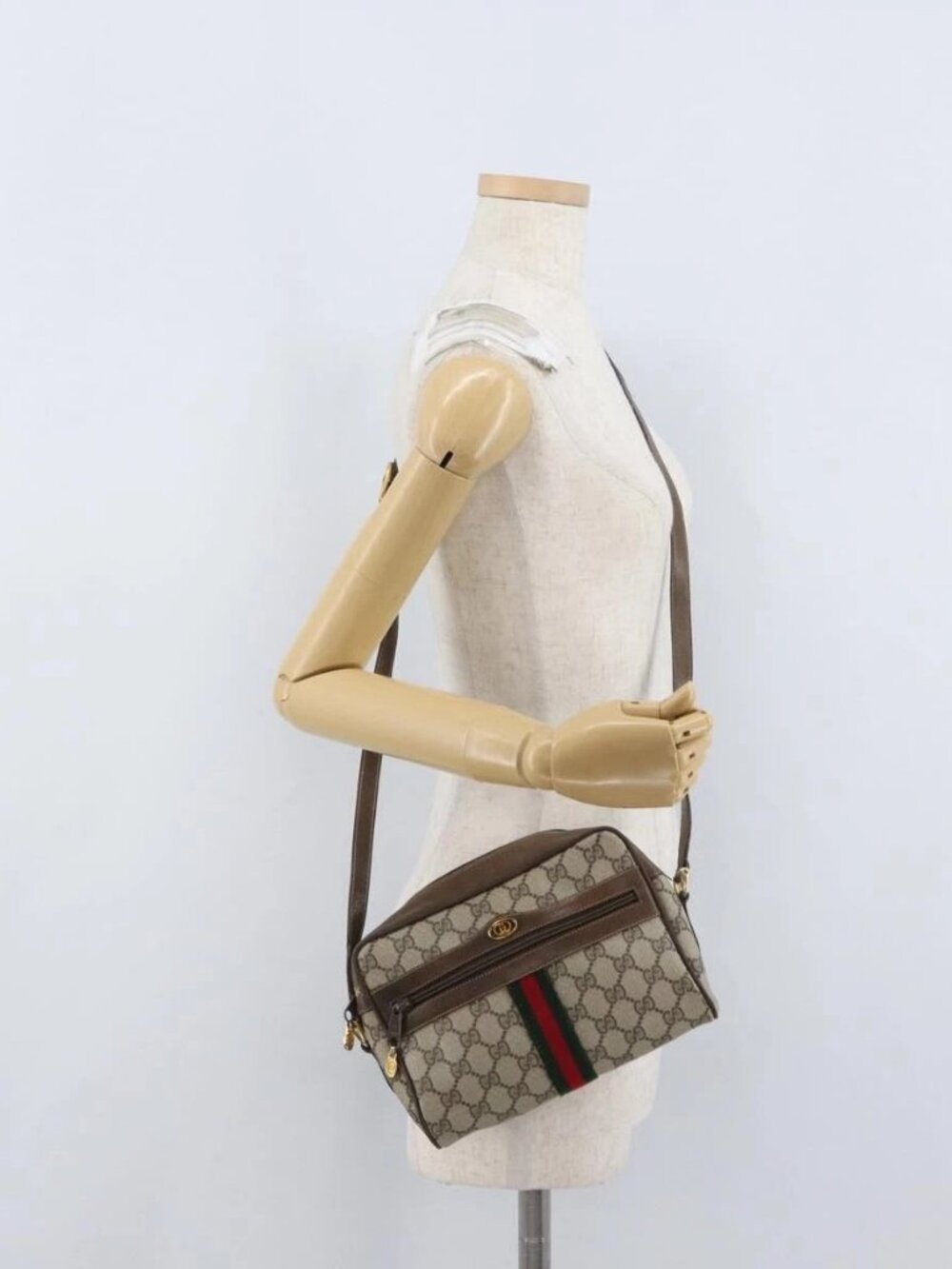 GUCCI GG Supreme Web Sherry Line Bag PVC Beige Gold